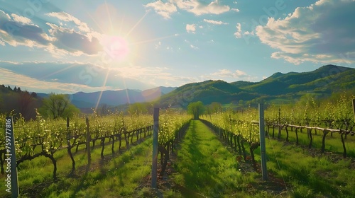 Generative AI   Sunny vineyard on the hills of Vipava valley  Slovenia. Spring rural landscape