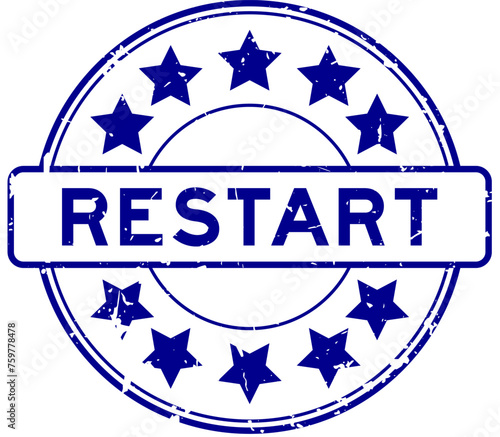 Grunge blue restart word with star icon round rubber seal stamp on white background