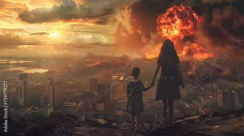  In the shadow of the destroyed city, a woman with a child stands, their silhouettes loom against the background of an atomic bomb explosion, reflecting helplessness and horror at the horrors of war.