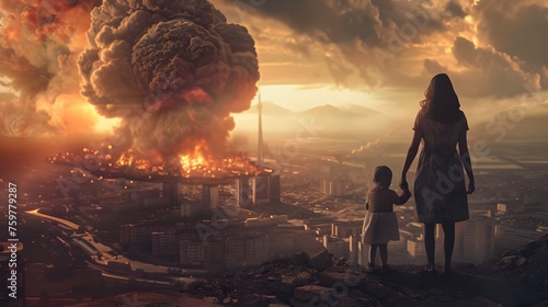 A woman and her child stand against the background of a destroyed city, far from which the explosion of an atomic bomb is clearly visible, their faces reflect fear and despair at the incredible destru photo