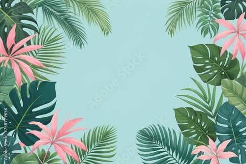 Tropical palm leaves and branches on a blue background, horizontal composition © Thanh