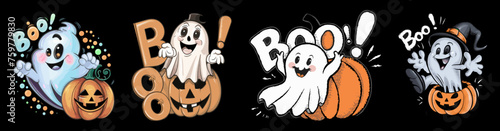 Whimsical Halloween boo ghost vector illustration, playful pumpkin surprise, Halloween T-shirt vector set. Generative AI
