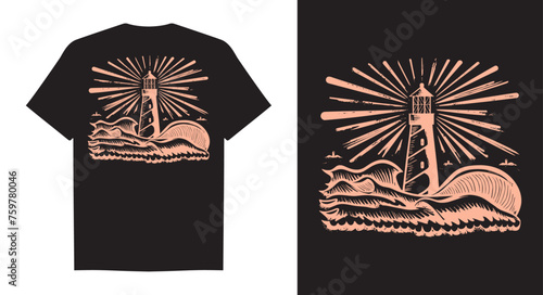 Lighthouse of strength mental health awareness vector illustration T-shirt, guiding light in turbulent waves. Generative AI