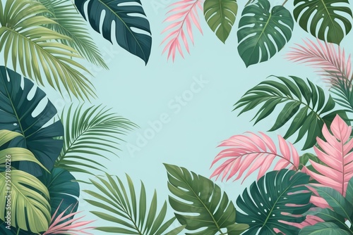 Tropical palm leaves and branches on a blue background, horizontal composition