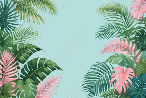 Tropical palm leaves and branches on a blue background  horizontal composition