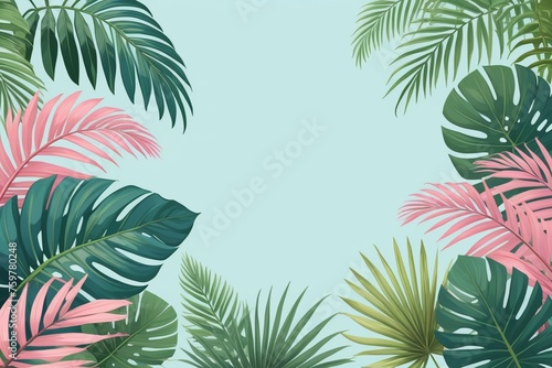 Tropical palm leaves and branches on a blue background, horizontal composition © Thanh