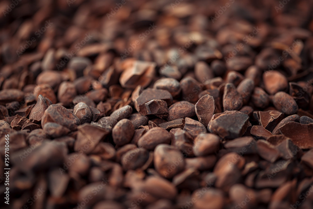 Background made of pieces of raw cacao nibs Background made of pieces of raw cacao nibs