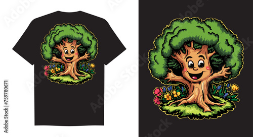 Cheerful tree vector illustration, playful Nature's Embrace T-shirt design. Generative AI.