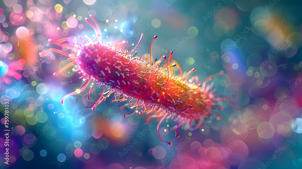 A red and pink bacterium is shown in a colorful background - obrazy, fototapety, plakaty 