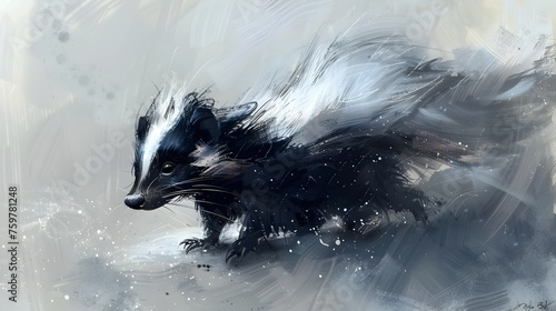 A black and white drawing of a skunk with a white stripe on its face