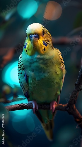 A green and yellow parakeet is perched on a branch. The bird is looking at the camera with a curious expression. The image has a calm and peaceful mood