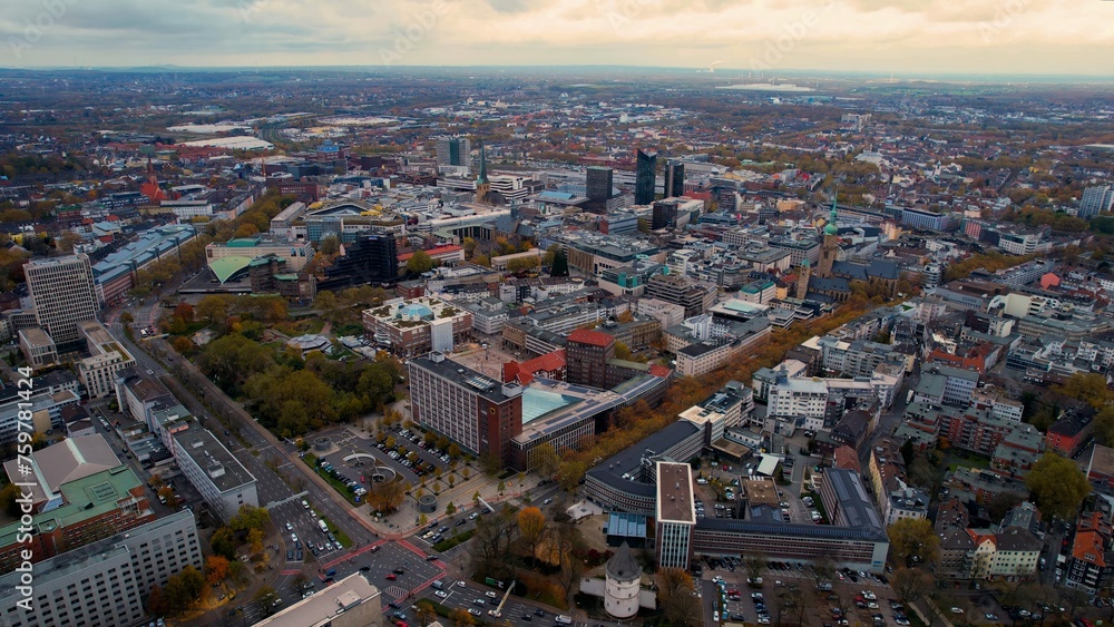 Aerial of the old town around the city Dortmund in Germany on a cloudy noon in fall