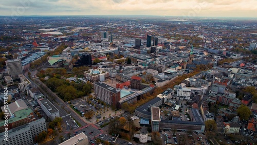 Aerial of the old town around the city Dortmund in Germany on a cloudy noon in fall