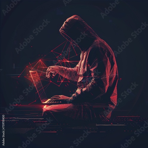 Abstract polygonal hacker with laptop on technology dark background. Cyber attack and cyber security concepts. 