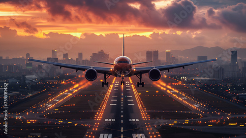 passenger plane fly up over take-off runway from airport at sunset --no dark picture logo --chaos 7 --ar 16:9 --style raw --stylize 950 Job ID: 0215798d-ebca-4c75-89bc-57ed26bf362a photo