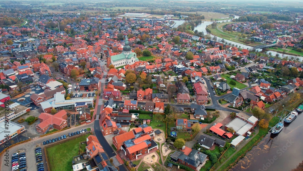 Aerial of the old town around the city Haren in Germany on a cloudy noon in fall
