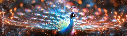 A colorful peacock with its head held high and its tail spread out