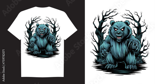 Horror bear in haunted forest vector illustration. Halloween horror bear t-shirt design. Generative AI.
