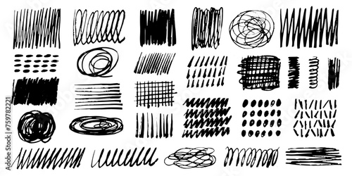Charcoal squiggles texture crayon pencil black color. Ink brushes scrawled, smudges, scribbles, rough underlines vector set