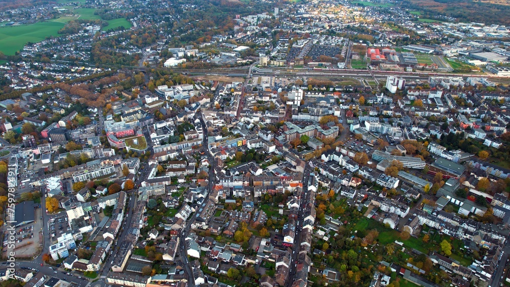 Aerial of the old town around the city Leverkusen in Germany on a cloudy noon in fall