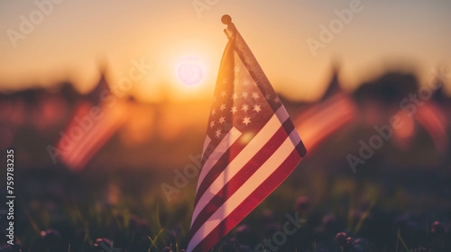 A single flag in focus with a blurred sea of flags behind it, symbolizing individual sacrifice for collective freedom, Memorial Day, Flat lay, top view, with copy space
