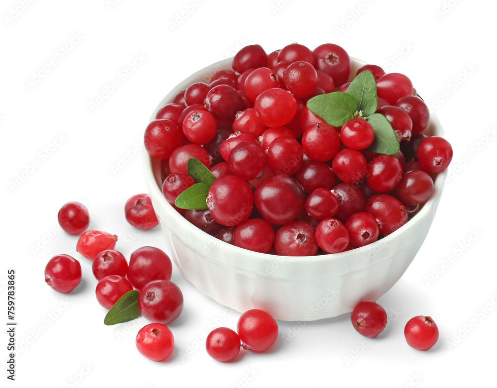 Bowl of fresh ripe cranberries with leaves isolated on white Bowl of fresh ripe cranberries with leaves isolated on white