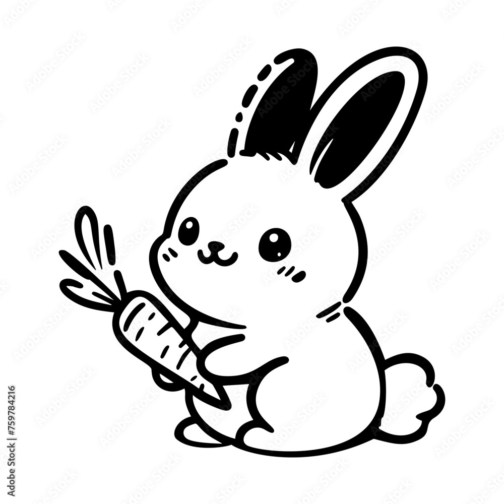 Cute baby bunny with carrot, silhouette, easter holiday. Vector illustration.