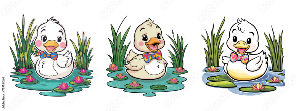 Fototapeta premium Duckling Pond cartoon vector illustration set. Generative AI
