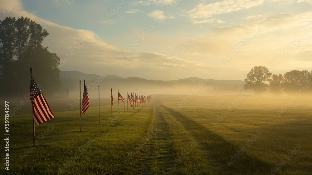Obraz premium An early morning mist enveloping the field of flags, creating an ethereal and solemn atmosphere, Memorial Day, with copy space
