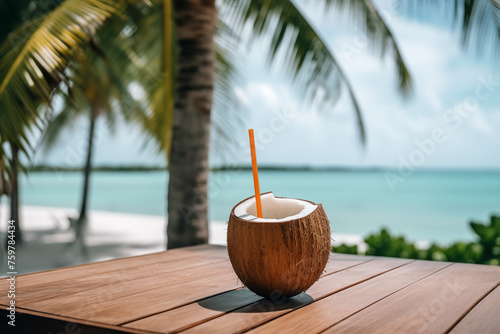 A blue cocktail rests beside a cracked coconut on a wooden surface, framed by palm trees and the turquoise ocean. Ideal for vacation ads.