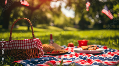 A red, white, and blue themed picnic blanket spread out with a basket, surrounded by American flags, Memorial Day, with copy space
