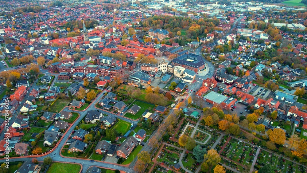 Aerial of the old town in the city Ahaus on an overcast day in autumn in Germany.	