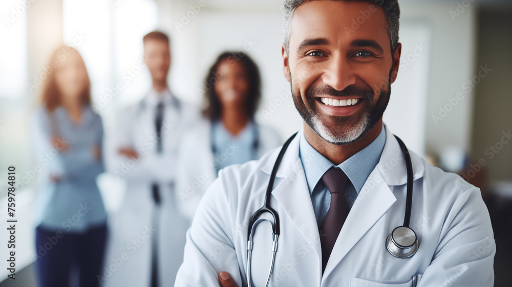 senior doctor laughing and looking into the camera, stethoscope around his neck and colleagues / team members blurred in the backgroundportrait of a smiling doctor senior doctor laughing and looking into the camera, stethoscope around his neck and colleagues / team members blurred in the backgroundportrait of a smiling doctor