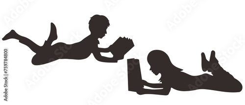 Vector silhouette of two child reading on white background. Symbol of friends and funny activities