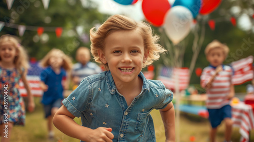 Children running around a picnic area decorated with small American flags and red, white, and blue balloons, Memorial Day, with copy space