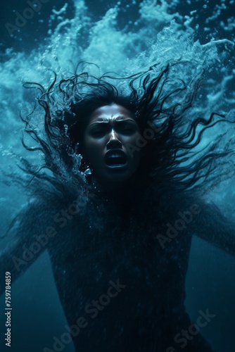 Terrified young girl screaming silently underwater, with dark soft hair flowing around her. The photo has very dark and light blue tones, and has a horror theme to it.