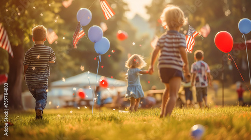Children running around a picnic area decorated with small American flags and red, white, and blue balloons, Memorial Day, with copy space