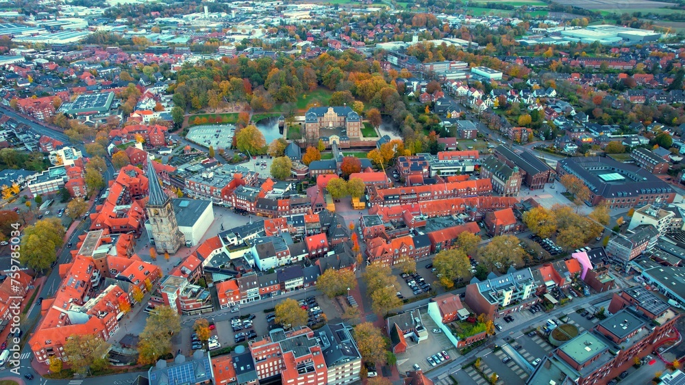 Aerial of the old town in the city Ahaus on an overcast day in autumn in Germany.	