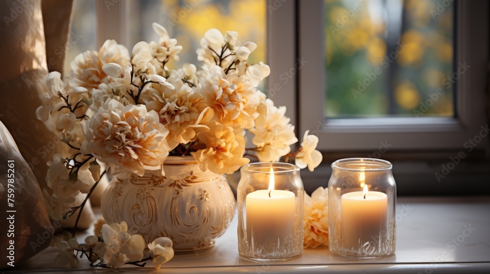 Obraz premium White burning candles on the windowsill next to a bouquet of fresh flowers. Romantic and calm atmosphere.