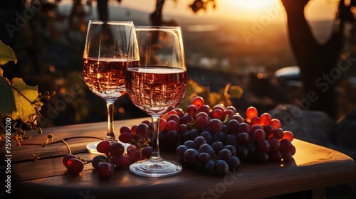 A glass of wine and grapes on a wooden table against the background of dawn. Luxury lifestyle theme.
