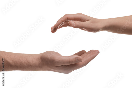 Man and woman reaching to each other on white background, closeup of hands