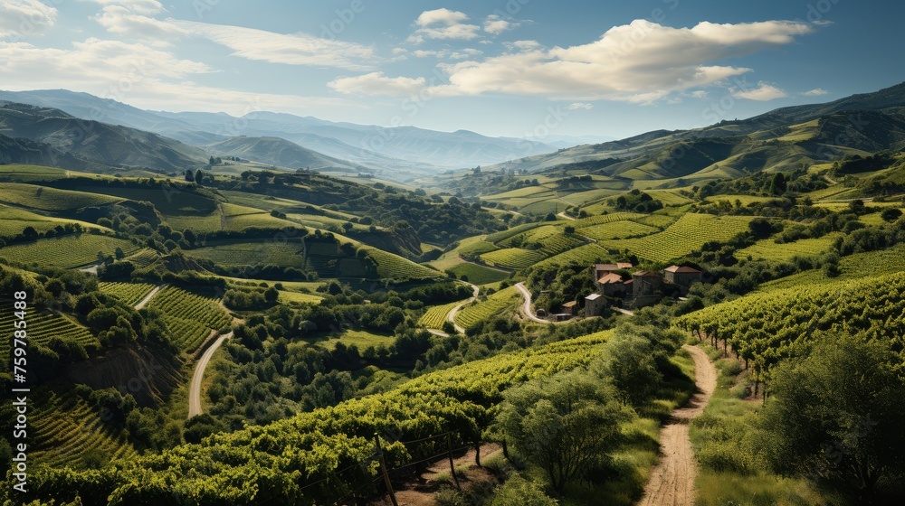 Scenic View of Vineyard in Hilly Landscape