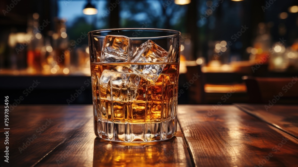 A crystal glass of whiskey with ice stands on a wooden table in a cafe. Leisure theme. A crystal glass of whiskey with ice stands on a wooden table in a cafe. Leisure theme.
