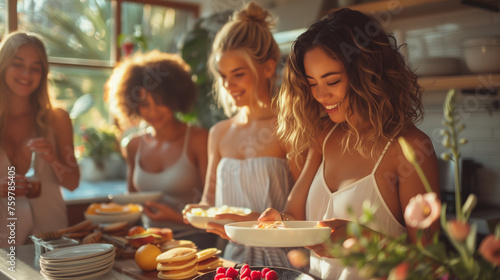 Women Enjoying a Sunny Brunch with Pancakes and Fruit