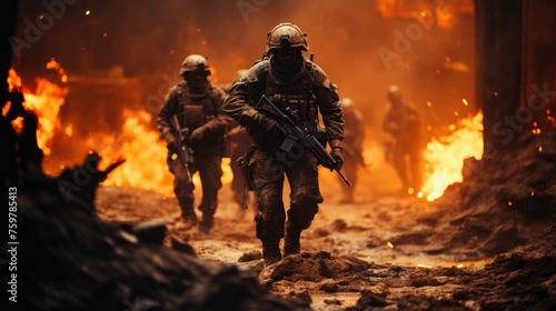 A group of soldiers in helmets with weapons in their hands walks through a city blazing with fire.