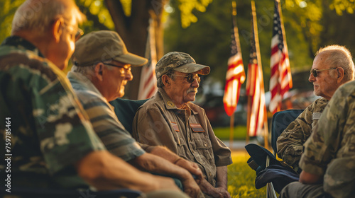 A group of veterans sharing stories and memories in a park, with American flags in the background, Memorial Day, with copy space photo