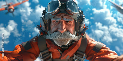 Elderly man with mustache and goggles flying in the sky with a vintage plane in background