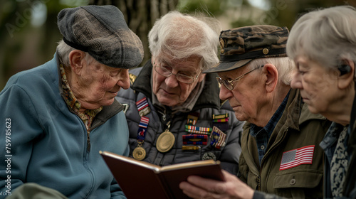 Veterans from different generations sitting together, looking at medals and photos from past service, Memorial Day, with copy space