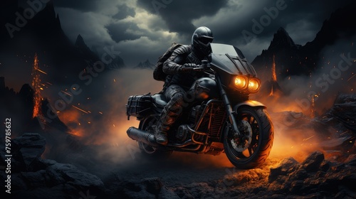A strong male motorcyclist in a leather suit and mask rides a dirt motorcycle along a deserted dark burning street. Dynamic and active extreme scene.