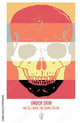 Vector colorful illustration of skull with colorful stripes and text about diversity.